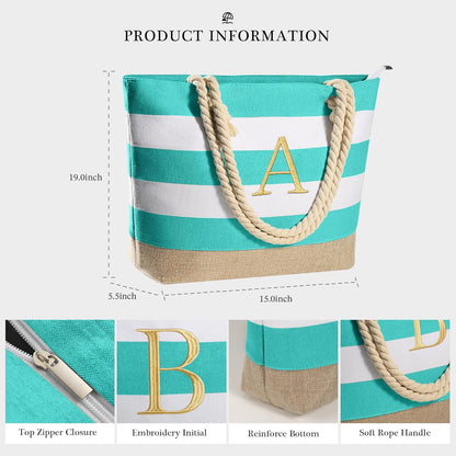 YOOLIFE Initial Canvas Waterproof Beach Tote Bag Zipper Personalized Gifts for Women Her Birthday Travel Beach Essential