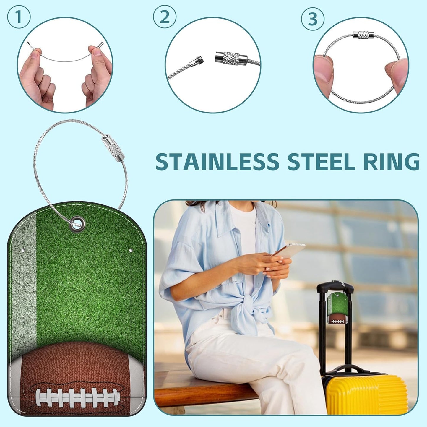 American Football Luggage Tag for Suitcase Set of 2 PU Leather Cute Luggage Tags with Stainless Metal Loop ID Label Privacy Flap Suitcase Tags for Women and Men Travel