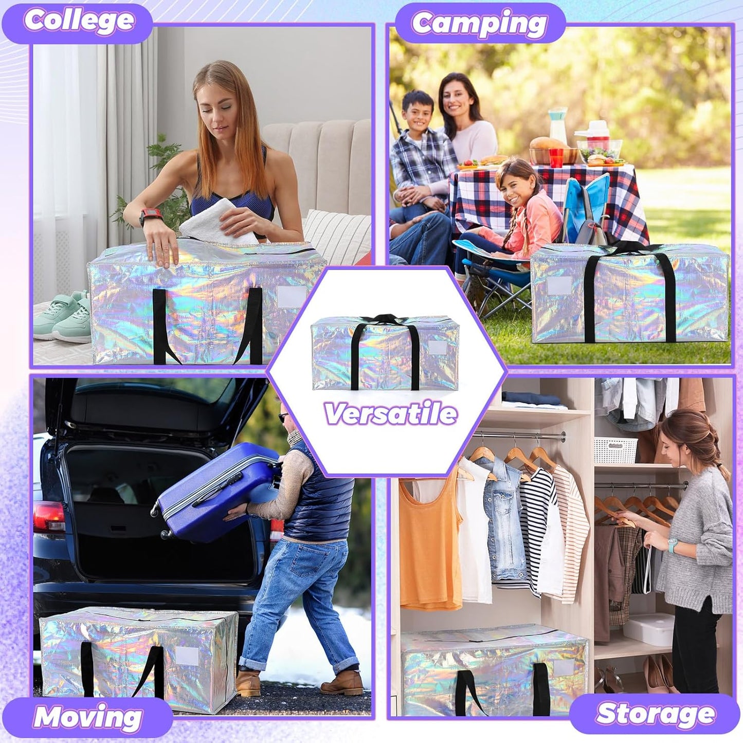 4 Pcs 24 Gallon Large Moving Bags with Zipper and Handles Foldable Storage Duffle Bags Heavy Duty Extra Large Totes for College Dorm Travel Clothes Blankets Bedding Moving (Iridescent)