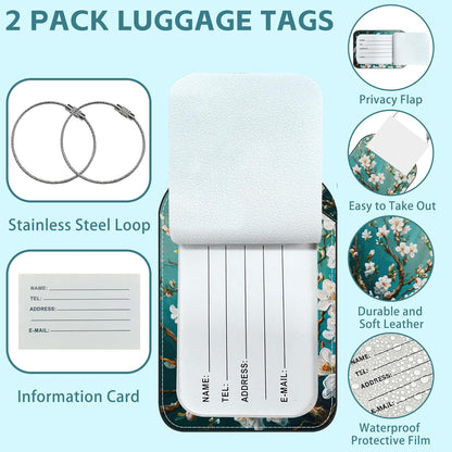 Blossoming Almond Tree Luggage Tag for Suitcase Set of 2 PU Leather Cute Luggage Tags with Stainless Metal Loop ID Label Privacy Flap Suitcase Tags for Women and Men Travel