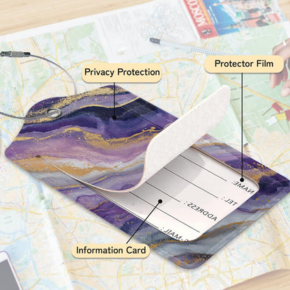 3 Pack PU Leahter Abstract Marble Liquild Luggage Tag with Stainless Steel Loop,Colorful Travel Suitcase Labels with Privacy Cover ID Label Quickly Spot for Bags