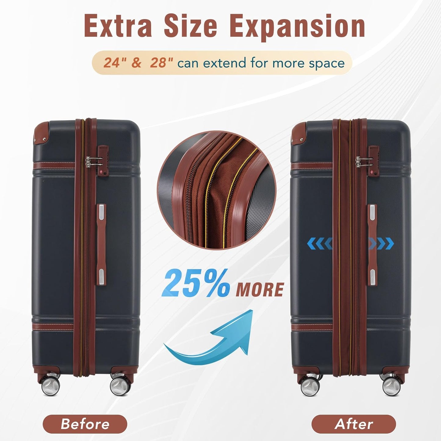 Merax Luggage Set 2 Piece Suitcase Set with Cosmetic Case Expandable Spinner Wheels Vintage Luggage Sets(Black,20"+28")