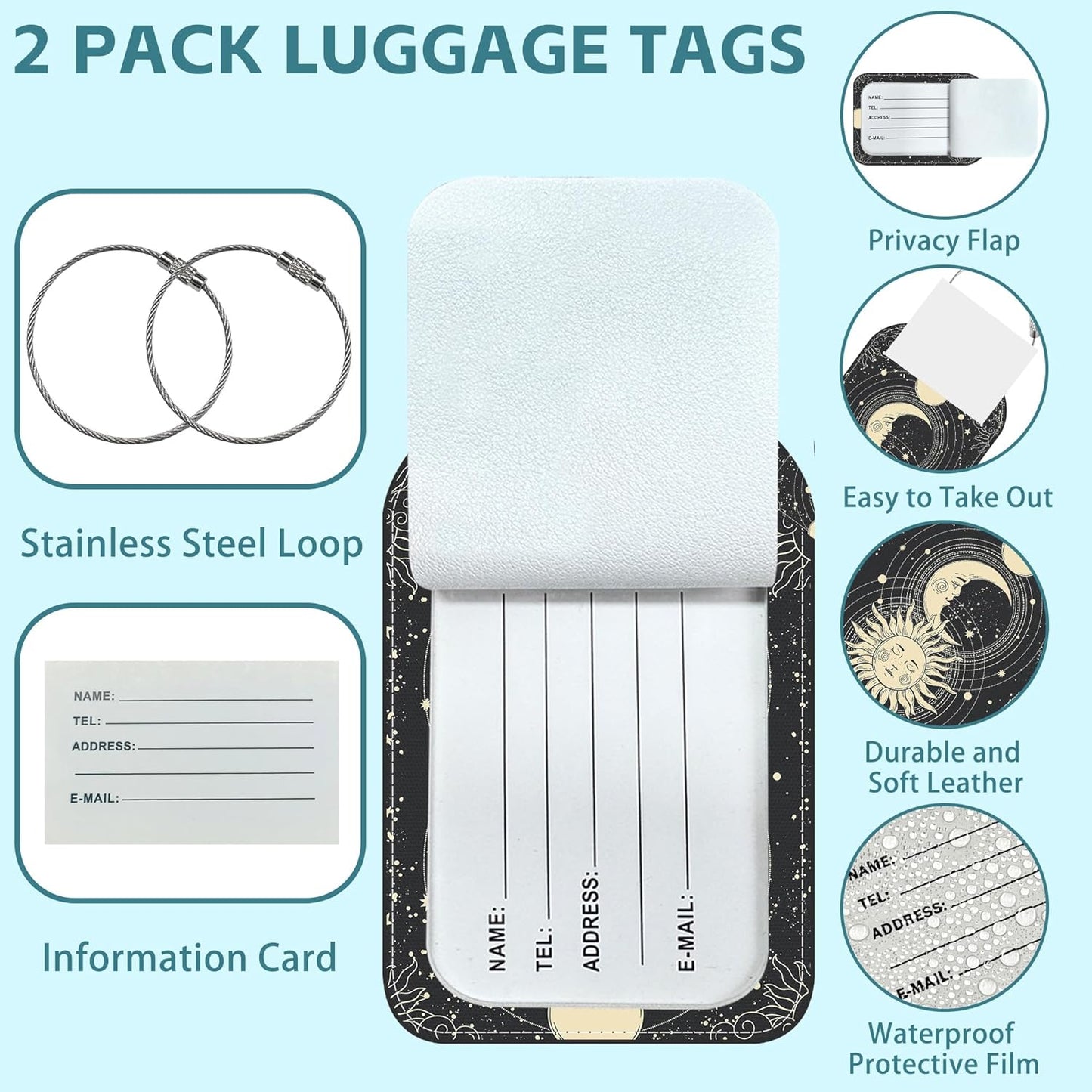 Sun Moon Luggage Tag for Suitcase Set of 2 PU Leather Cute Luggage Tags with Stainless Metal Loop ID Label Privacy Flap Suitcase Tags for Women and Men Travel