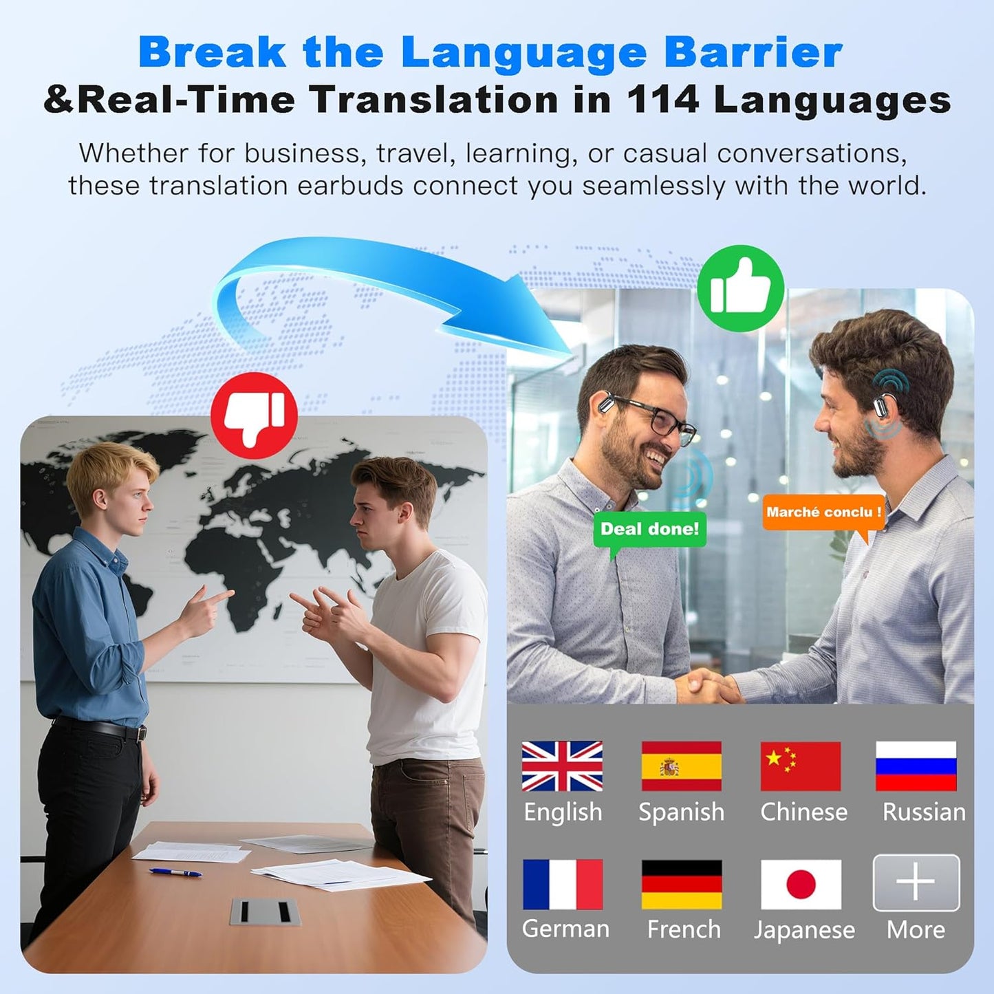 AI Translation Earbuds Real Time, 3-in-1 Translator Earbuds 134 Languages & Accents and Long Battery Life, HF Sound, Spanish/English Audífonos Traductores for Travel Business Learning, Black