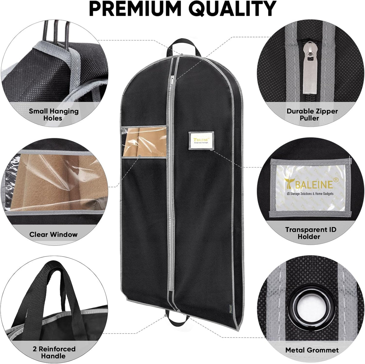 BALEINE 5PK Heavy Duty Garment Bag with Shoe Storage Travel Bag for Dresses, Suit, Coats Travel Essential (60", Black)