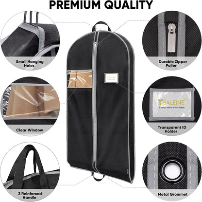 BALEINE 5PK Heavy Duty Garment Bag with Shoe Storage Travel Bag for Dresses, Suit, Coats Travel Essential (60", Black)