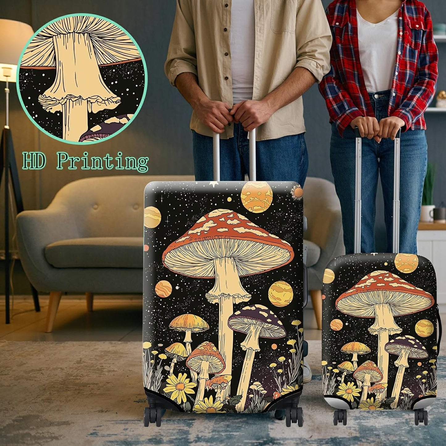 Luggage Cover + Tag, Mushrooms Travel Suitcase Protector for 22-24 inch Luggage (M) with Concealed Zipper, Washable Elastic Cloth, Dustproof, Anti-Scratch