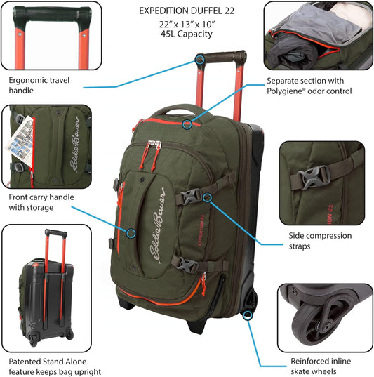 Eddie Bauer Expedition Rolling Duffel Bag with Wheels | Travel | Carry-On | Luggage | Rugged | Durable - Rust, 22"