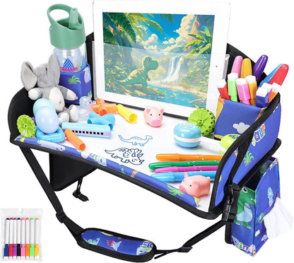 Kids Travel Tray for Airplane - Toddler Car Seat Table Tray, Road Trip Essentials for Boys & Girls, Carseat Lap Desk for Kids Road Trip Activities,Blue Dinosaur