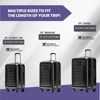 Spyder Rails 25 Inch Expandable Hardside Upright Suitcase with 360° Spinner Wheels, TSA Approved Lock, Black