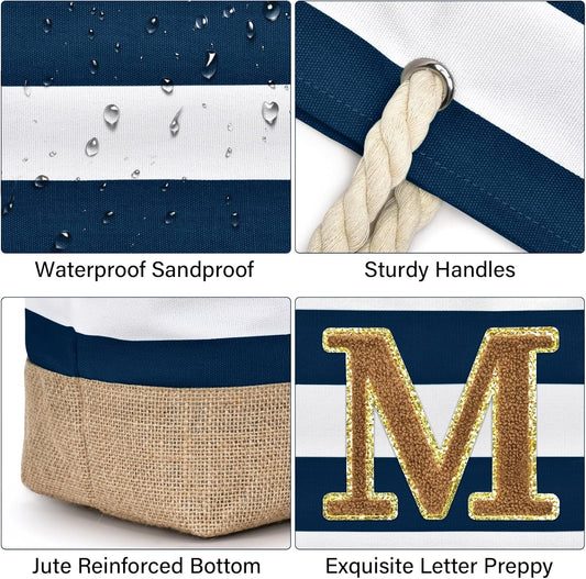 Becokan Beach Bag Initial Beach Tote with Makeup Bag for Travel Work Storage Personalized Birthday Gifts for Women Her