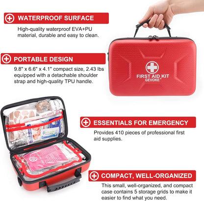 410 Piece Waterproof Hard Shell First Aid Kit for Home, Car, Travel, Camping, Truck, Hiking, Sports, Office, Vehicle & Outdoor Emergencies - Emergency Medical Kits (Red)