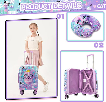 Cute Cat Kid's Luggage Set 2 Piece Suitcase Set 16" Hardside Luggage with Spinner Wheels Girls Carry on Toddler Travel Rolling Luggage Airline Approved