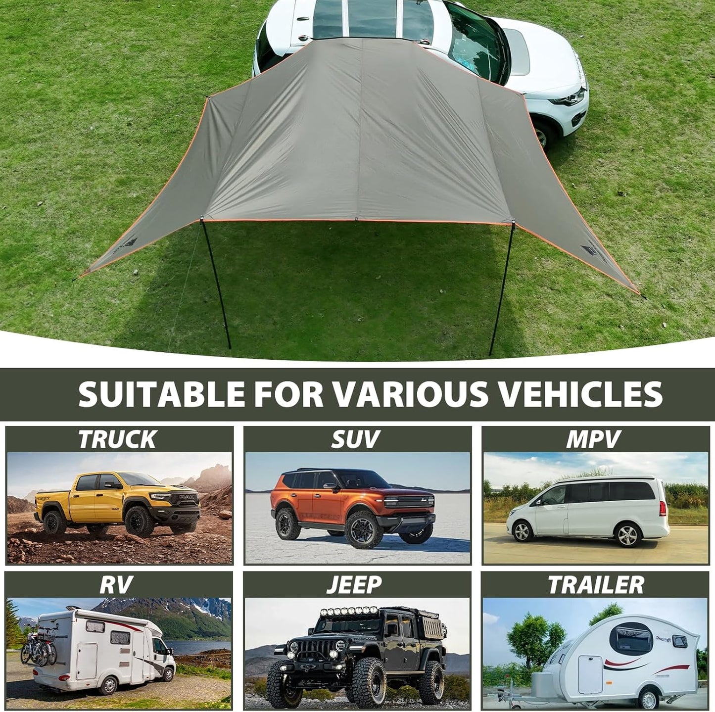 GEERTOP Large Car Side Camping Awning 19 x 11 ft SUV Canopy Tarp Waterproof Outdoor Vehicle Sun Shade Shelter for Truck, MPV, Van, Campers