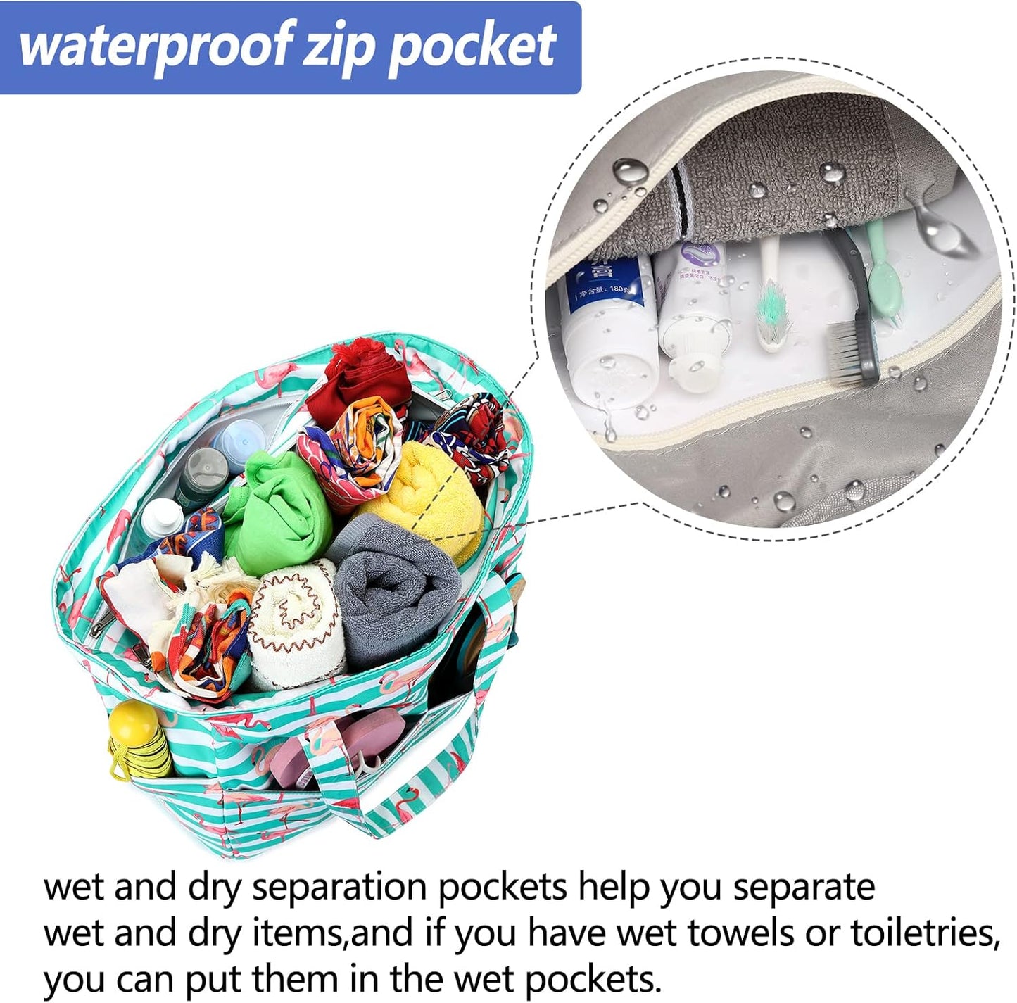 LEDAOU Large Beach Tote Bag Women Waterproof Sandproof Zipper Beach Tote Bag for Pool Gym Grocery Travel with Wet Pocket