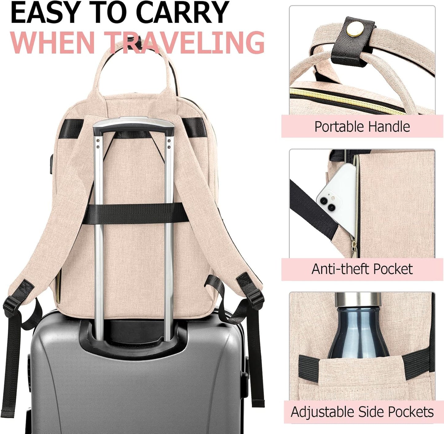 Laptop Backpack for Women, High School Bookbag for Girls with USB Port Charging, 15.6 Inch Water Resistant Computer Bag for Work, Travel College Back Pack Purse Gifts for Student Teacher, Beige