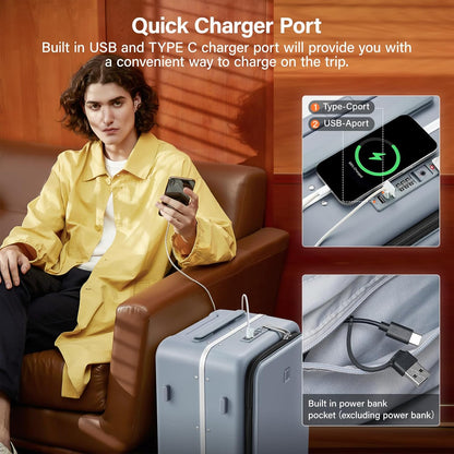 Hanke 20 Inch Carry On Luggage with Cup Holder and Charge,Top Opening Hard Shell Suitcases with Wheels and Dividers,Aluminum Frame Trunk Luggage Small Suitcase with Lock for Travel,Gray