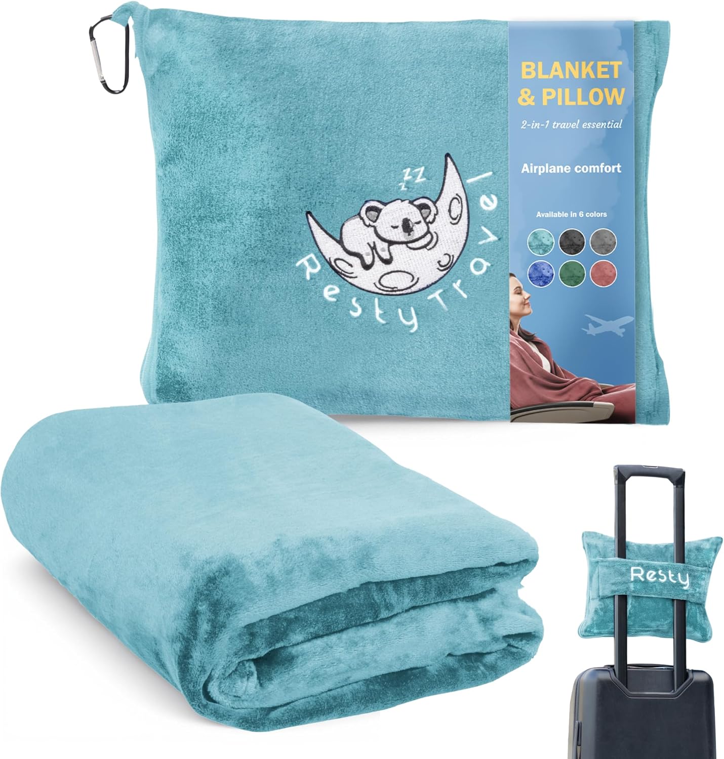 Resty 65"x40" Traveling Airplane Blanket, Baby Blue – Lightweight, Velvety Soft Blanket That Becomes a Travel Pillow – Must-Have Comfort for Planes & Road Trips – Travel Essentials for Women & Men
