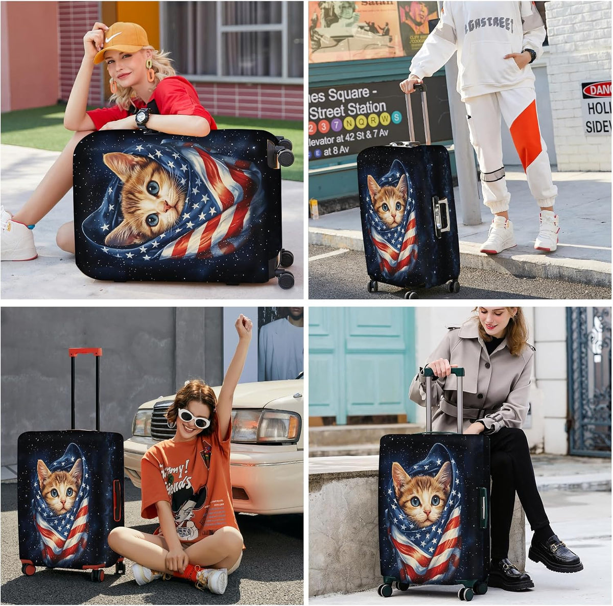 ANNA QUEEN Cute Patriotic Cat Luggage Cover, American Flag Suitcase Protector, Stretchable, Washable Travel Cover for 28-30 Inch Luggage