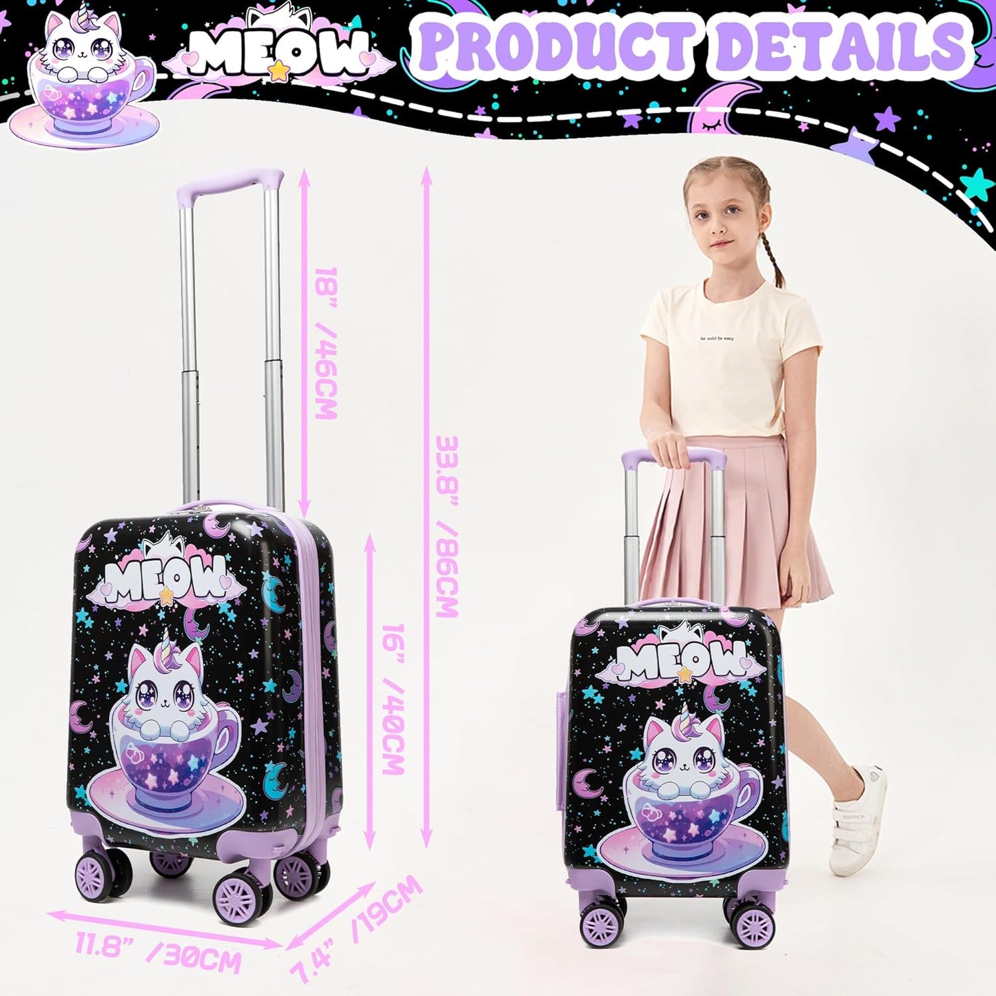 Cute Black Cat Kid's Luggage Set 2 Piece Suitcase Set 16" Hardside Luggage with Spinner Wheels Girls Carry on Toddler Travel Rolling Luggage Airline Approved