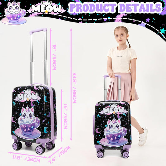 Cute Black Cat Kid's Luggage Set 2 Piece Suitcase Set 16" Hardside Luggage with Spinner Wheels Girls Carry on Toddler Travel Rolling Luggage Airline Approved