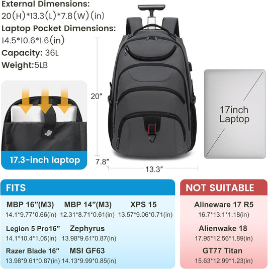 Boavan Rolling Backpack,17 inch Water Resistant Wheeled Backpack,Carry on Luggage Business Bag, Overnight College Computer bag Trolley Suitcase for Men Women Adults to Travel，Grey