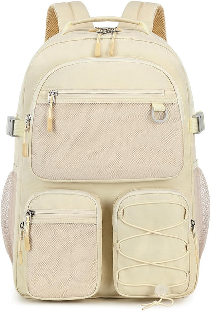 Lohol Water Resistant Backpack with Mulitiple Pockets for Travel Outdoor College, 15.6 inch Laptop Bookbag for Girl and Women (Beige)