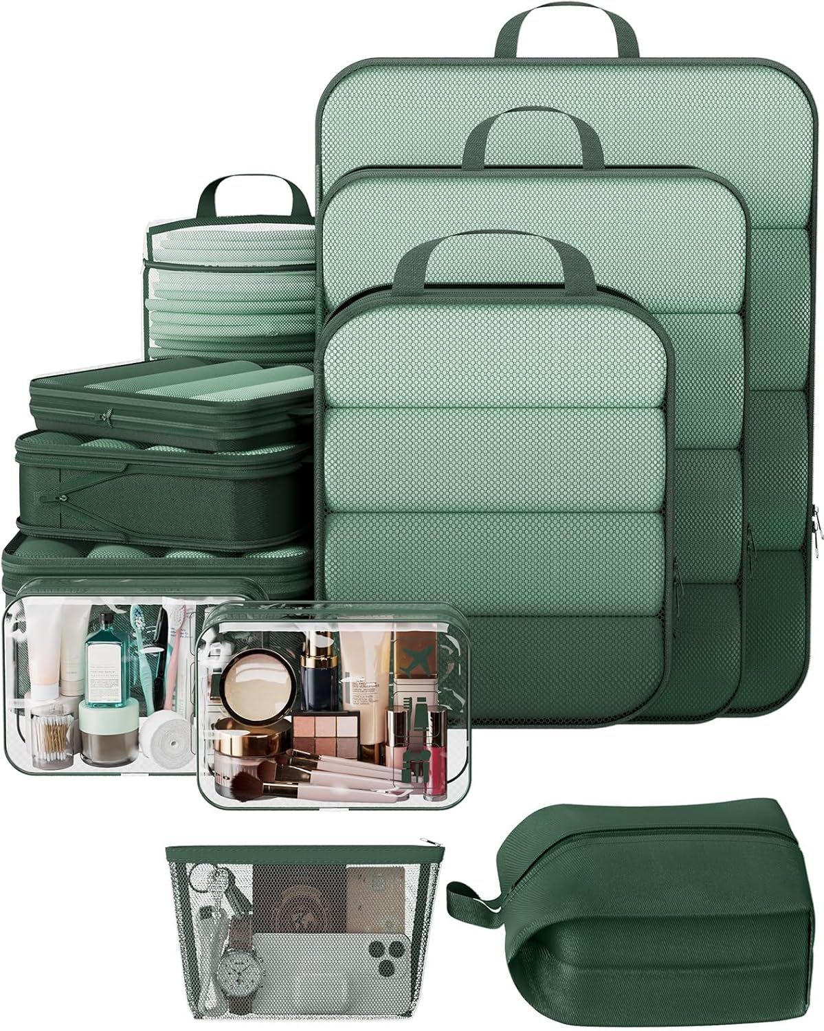 Veken 11 Set Compression Packing Cubes for Travel Essentials,Compressible Expandable Large Luggage Suitcase Organizer Bags for Clothing,Durable Space Saver Storage Bags with Toiletry Bags(Dark Green)