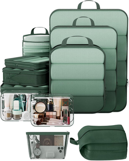 Veken 11 Set Compression Packing Cubes for Travel Essentials,Compressible Expandable Large Luggage Suitcase Organizer Bags for Clothing,Durable Space Saver Storage Bags with Toiletry Bags(Dark Green)