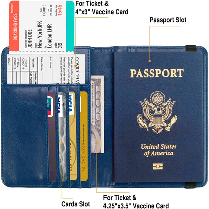 Passport Holder for Travel Passport Cover for Men Passport Wallet Case With 3D Metal Badge Protector Leather Card Case RFID Blocking Women Travel Accessories Document Organizer (Navy Blue)