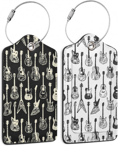 2 Pack Leather Luggage Tag for Suitcase Music Guitar Unique Travel Tags with Privacy Cover ID Label & Stainless Steel Loop for Men and Women Baggage