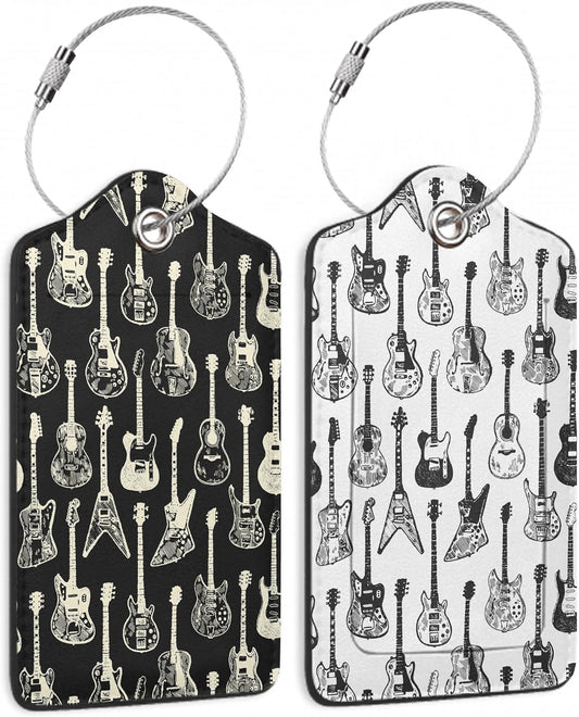 2 Pack Leather Luggage Tag for Suitcase Music Guitar Unique Travel Tags with Privacy Cover ID Label & Stainless Steel Loop for Men and Women Baggage