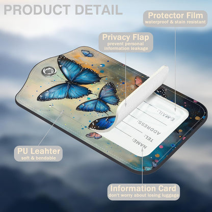 2 Pcs Blue Glowing Butterfly Luggage Tags for Suitcases PU Leather Baggage Tags Name ID Label with Privacy Cover and Stainless Steel Loop for Men Women Travel Bag Suitcase