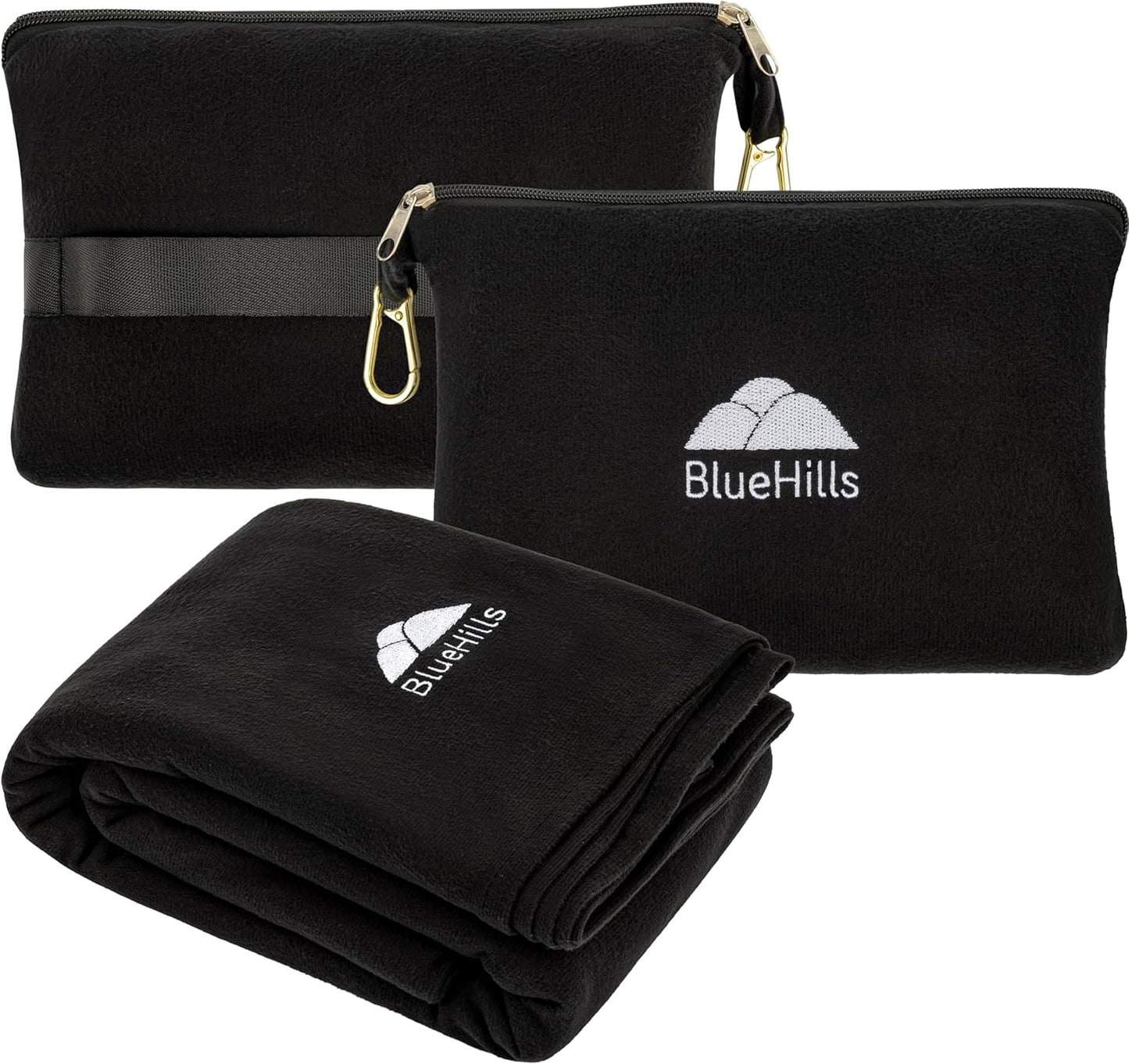BlueHills Travel Blanket Pillow Compact Lightweight Pocket Size Airplane Traveling Essential Flight Trip Throw in Bag Portable Case Plane Accessory Black L05
