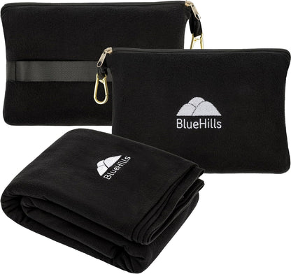 BlueHills Travel Blanket Pillow Compact Lightweight Pocket Size Airplane Traveling Essential Flight Trip Throw in Bag Portable Case Plane Accessory Black L05