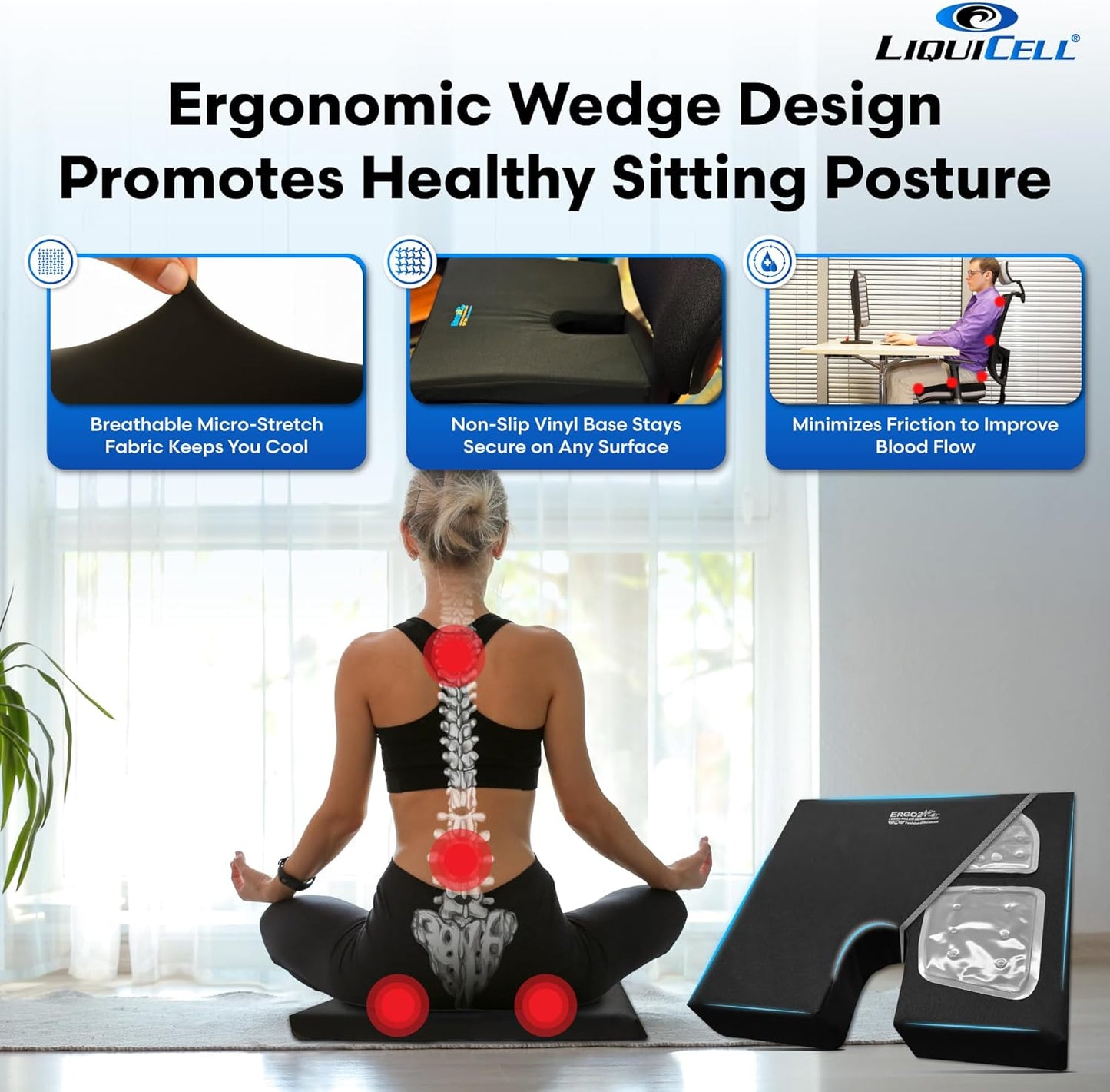 LiquiCell Coccyx Seat Cushion, Aid for Tailbone Pain Relief, Sciatica Pain, Back Support | Donut Like Butt Pillow for Long Hours Sitting at Home/Office Chair (18W x 17L x 2.5H)