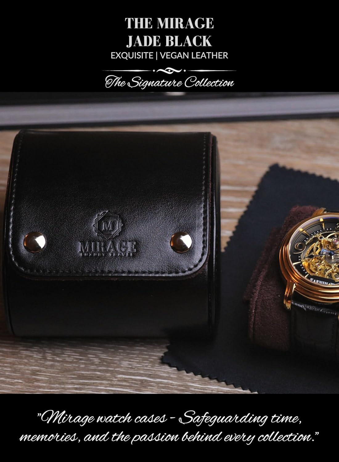 Single Watch Roll Travel Case - Watch Travel Case - Jade Black with Mahogany Interior- Swiss Motif Vegan Leather