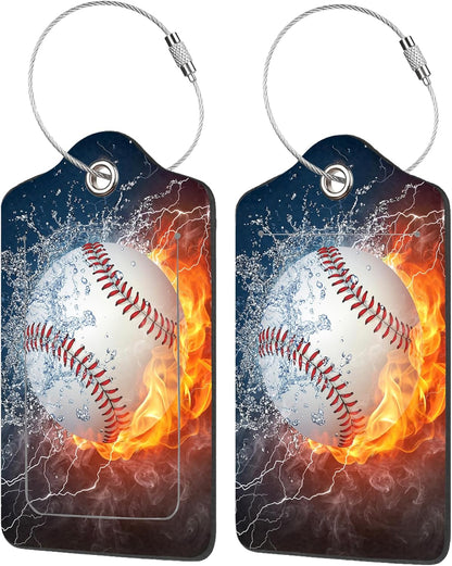2 Pack Luggage Tags for Suitcases,Baseball Ball on Fire and Water Luggage Tag,PU Leather Id Label Luggage Tags with Stainless Steel Loop and Privacy Cover for Women Men Teens Travel