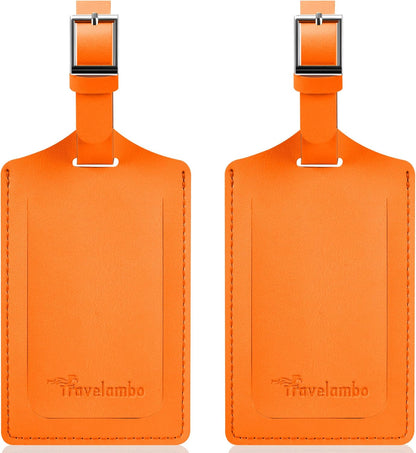 Travelambo Luggage Tags for Suitcases Faux Leather Privacy Protection 2 Pack Bag Tags Travel Accessories Essential, Hot Orange