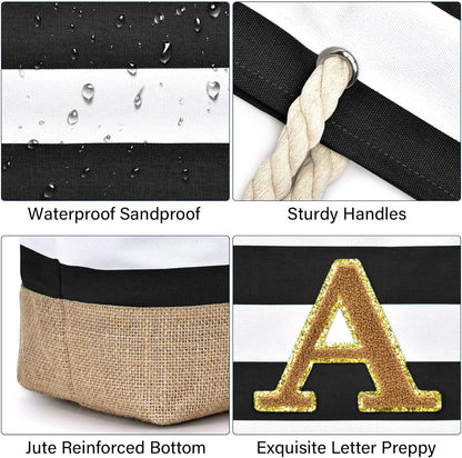 Becokan Beach Bag Initial Beach Tote with Makeup Bag for Travel Work Storage Personalized Birthday Gifts for Women Her