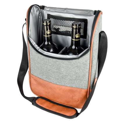2 Bottle Wine Set Leather Insulated Bag As Gift - Luxury 2 Bottle Carrier Design For Picnic/Travel - Idea Gift For Women/Man (Reserve Place For Corkscrew Opener ＆ Cheese, Gray Brown)