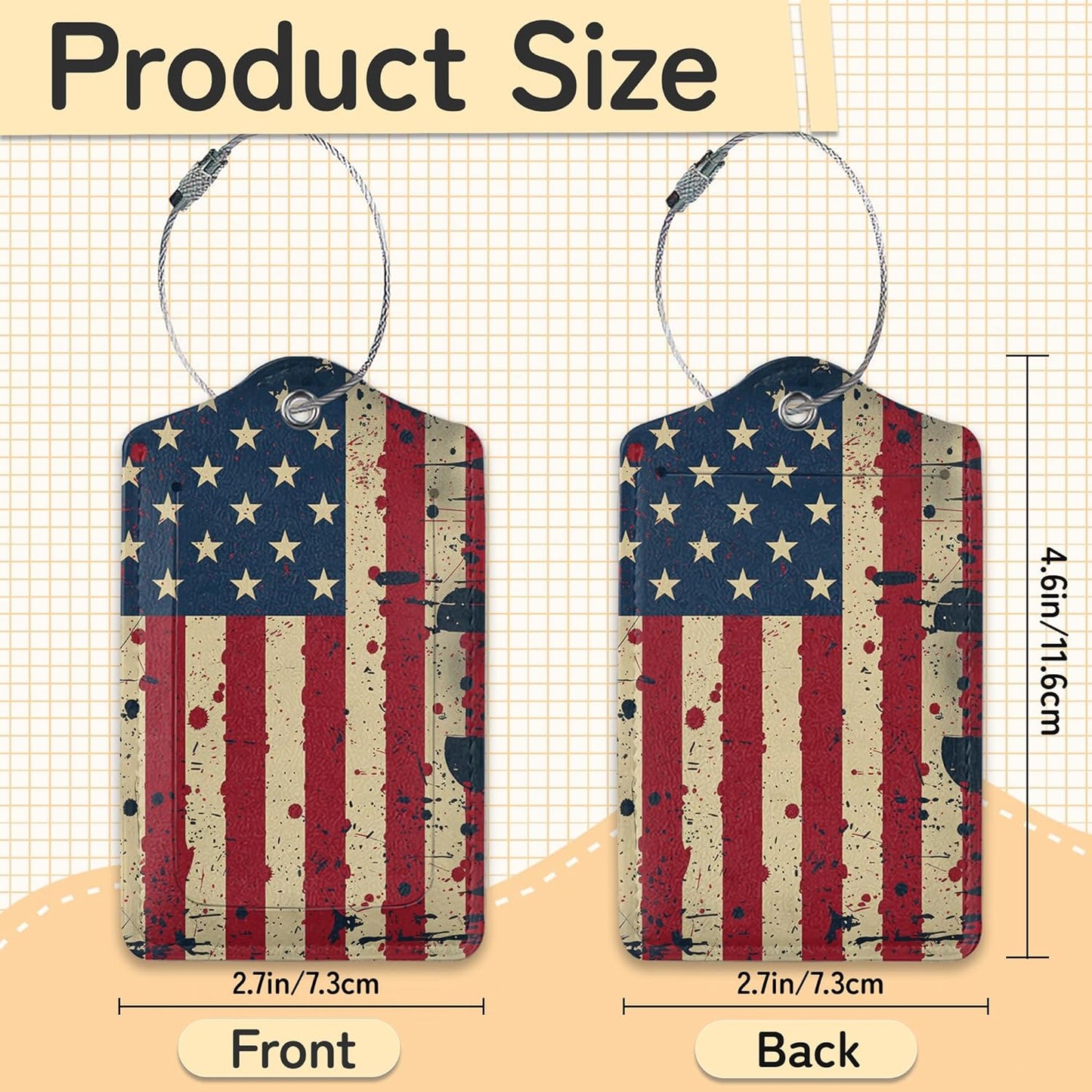 3 Pack PU Retro American Flag Leahter Luggage Tag with Stainless Steel Loop,Travel Suitcase Labels with Privacy Cover ID Label Quickly Spot for Bags