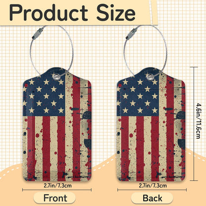 3 Pack PU Retro American Flag Leahter Luggage Tag with Stainless Steel Loop,Travel Suitcase Labels with Privacy Cover ID Label Quickly Spot for Bags