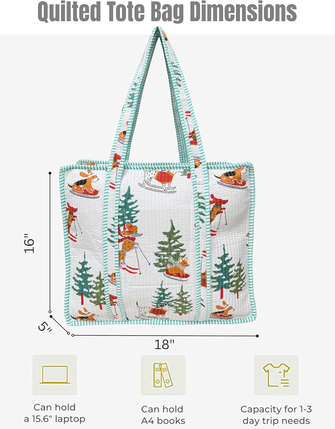 Cotton Quilted Tote Bag for Women – Large Beach & Travel Tote with Zipper, Reusable Grocery Bag