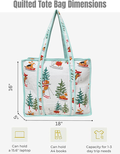 Cotton Quilted Tote Bag for Women – Large Beach & Travel Tote with Zipper, Reusable Grocery Bag