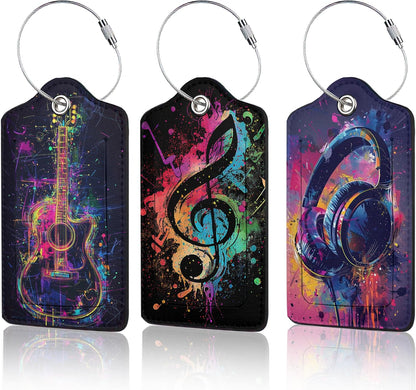 3 Pack Music Luggage Tags for Suitcases, Note Headphones Guitar Cute Leather Name Tag with Privacy Cover with Stainless Steel Loops, Travel ID Bag Tags for Women Men