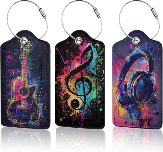 3 Pack Music Luggage Tags for Suitcases, Note Headphones Guitar Cute Leather Name Tag with Privacy Cover with Stainless Steel Loops, Travel ID Bag Tags for Women Men