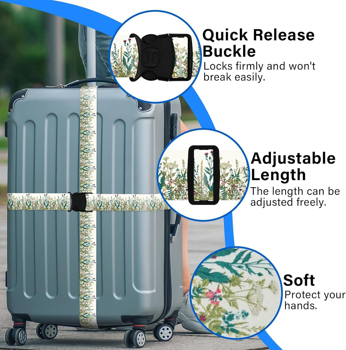 Luggage Straps for Suitcases, Travel Adjustable Belt with Quick Release Buckle, Heavy Duty Nylon Bag Packing Strap, Unique Bright Identifiers Business Travel Accessories (2 Pack) - White Flowers
