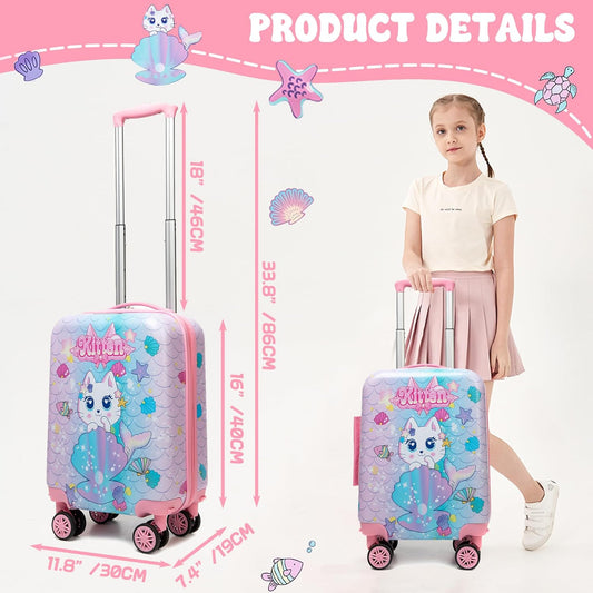 Cute Cat Kid’s Luggage Set 2 Piece Suitcase Set 16" Hardside Luggage with Spinner Wheels Girls Carry on Toddler Travel Rolling Luggage Airline Approved
