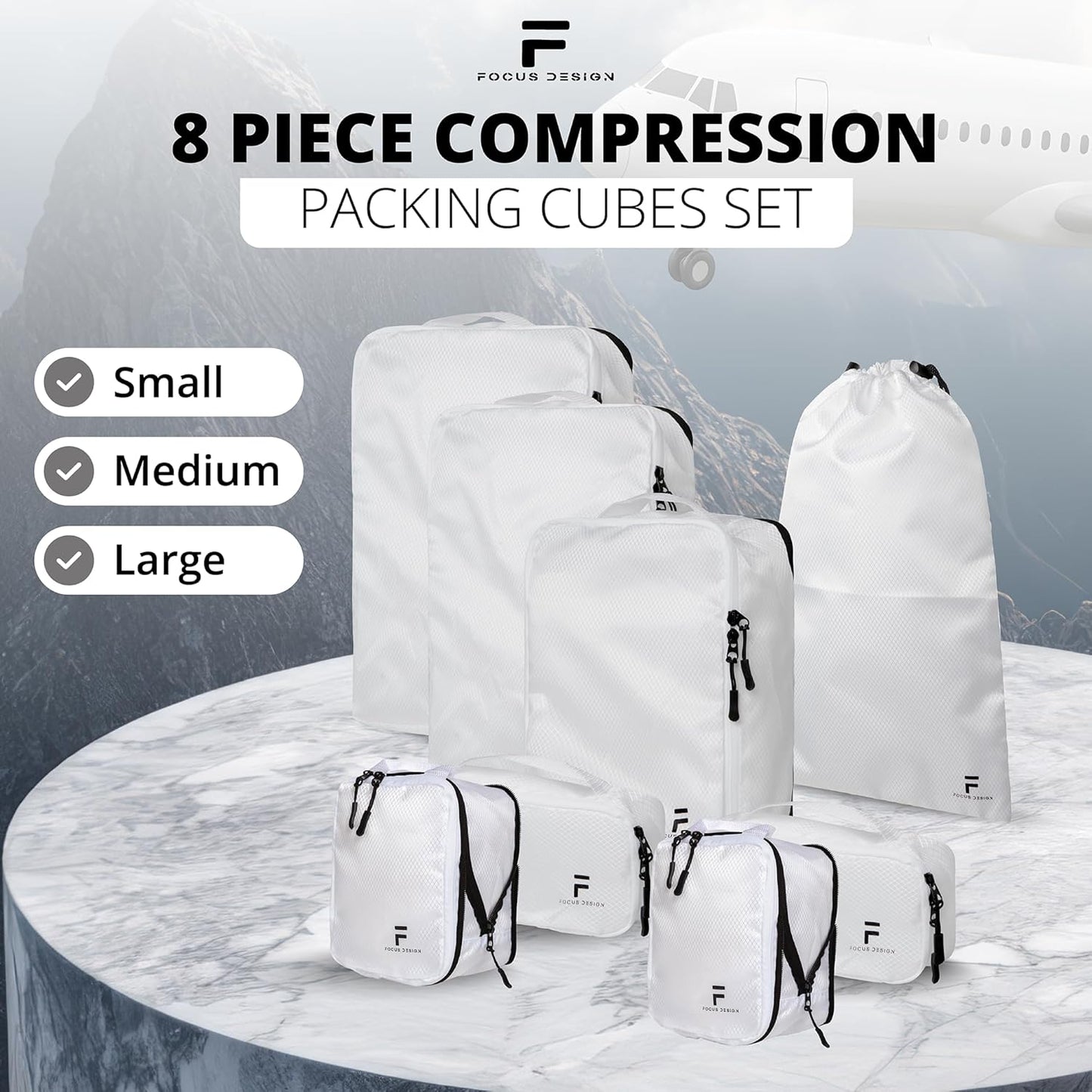8 Piece Compression Packing Cubes Set - Double Capacity Design for Travel - Small, Medium & Large Sizes - Carry-On Suitcase Organizer Bags (White)